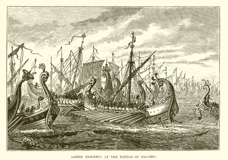 Řecká Triremes v bitvě u Salamíny od English School