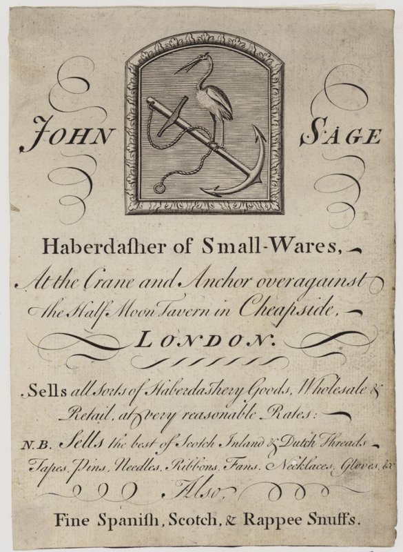 Haberdashers, John Sage, vizitka od English School