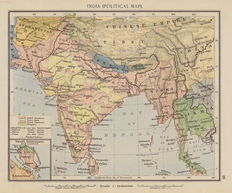 Indie, politická mapa (barevná litografie) od English School