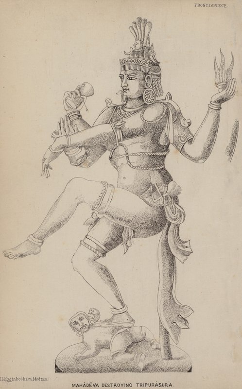 Mahadeva ničí Tripurasura (rytina) od English School
