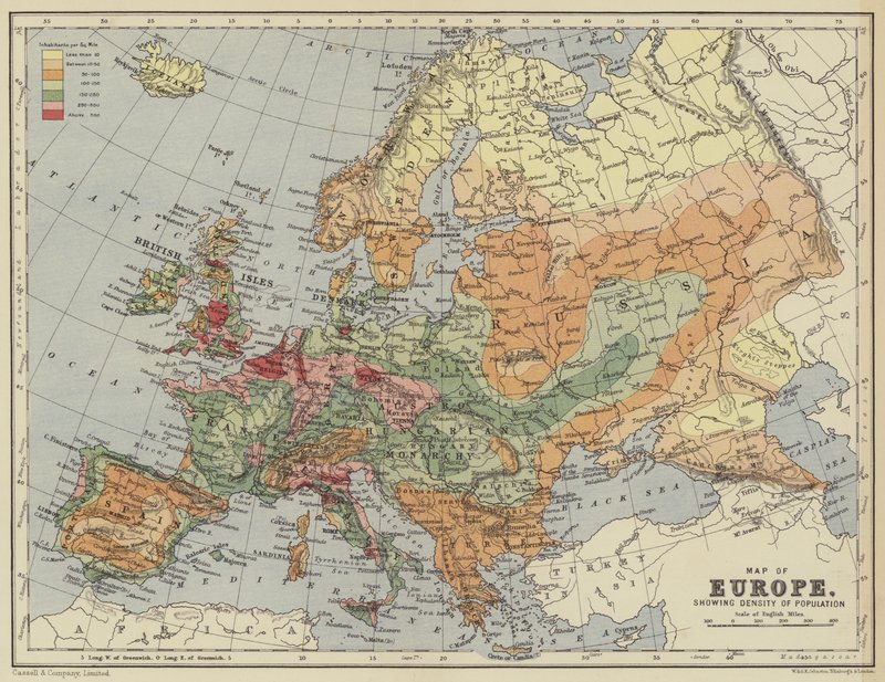 Mapa Evropy znázorňující hustotu obyvatelstva od English School