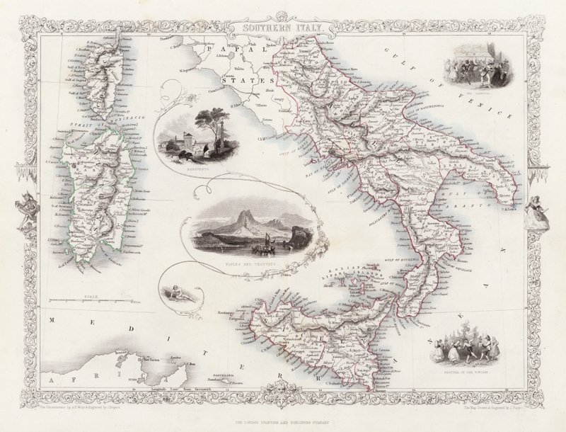 Mapa jižní Itálie (rytina) od English School
