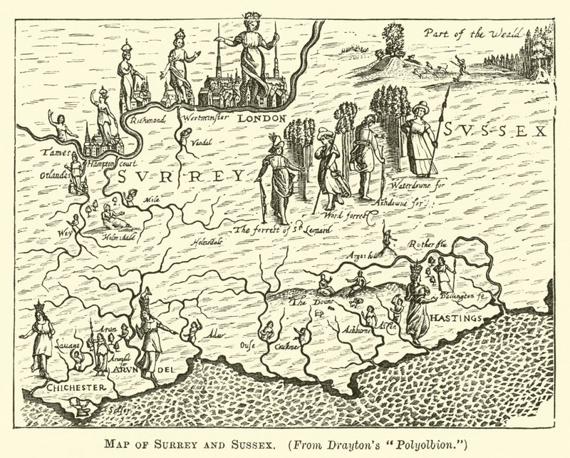 Mapa Surrey a Sussexu od English School