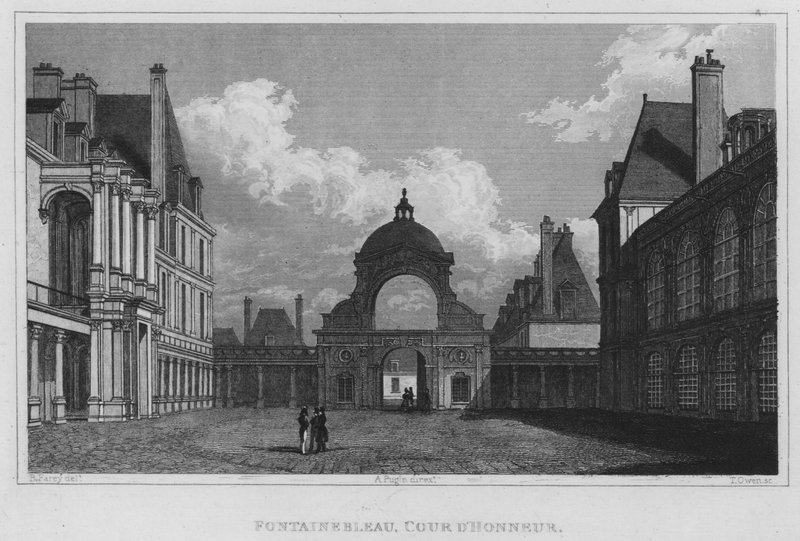 Paříž, Fontainebleau, čestný dvůr (rytina) od English School