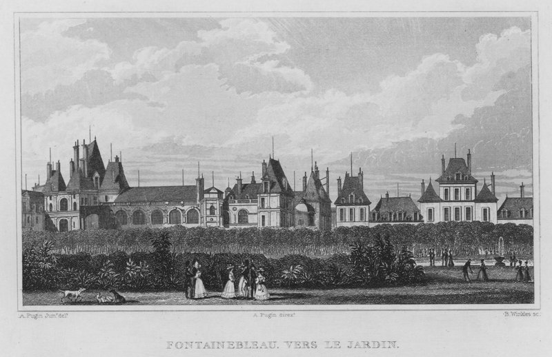 Paříž, Fontainebleau, směrem k zahradě (rytina) od English School