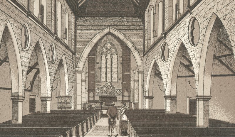 Penarth Church, interiér (litho) od English School