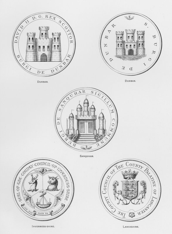 Veřejné zbraně: Dunbar; Sanquhar; Inverness-shire; Lancashire (rytina) od English School