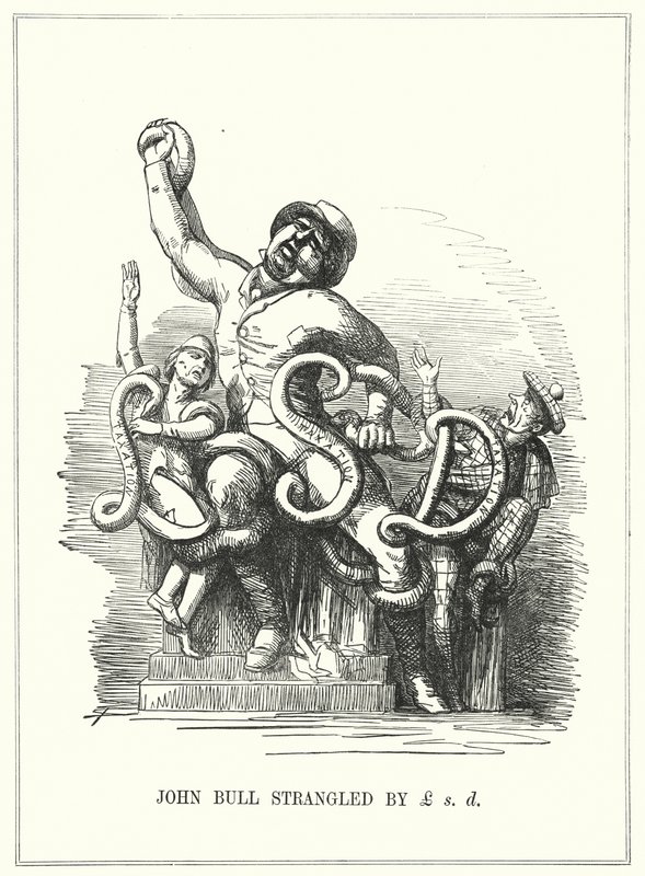 Punch cartoon: Anglie uškrcená zdaněním (rytina) od English School