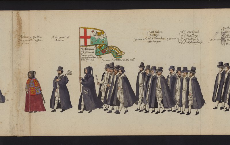 Pohřební průvod královny Alžběty I. (barevná rytina) od English School