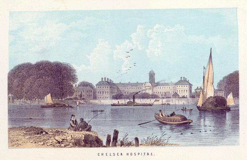 River Thames: Chelsea Hospital (barevná rytina) od English School