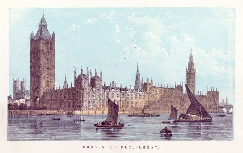 River Thames: Houses of Parliament (barevná rytina) od English School
