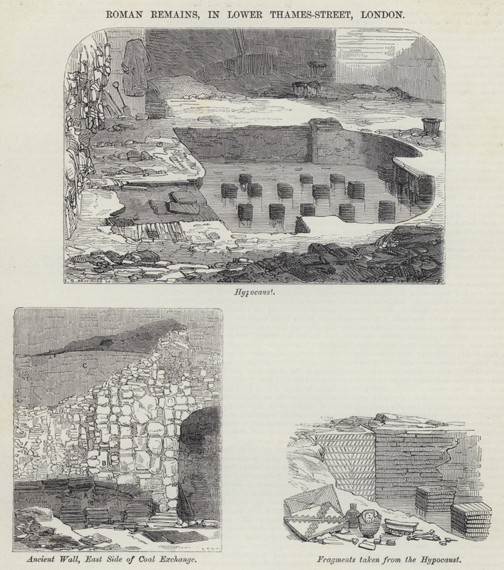 Roman Remains, v Lower Thames-Street, Londýn (rytina) od English School