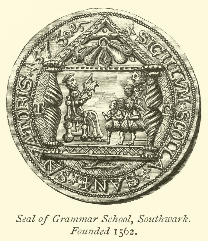 Seal of Grammar School, Southwark, založená 1562 od English School