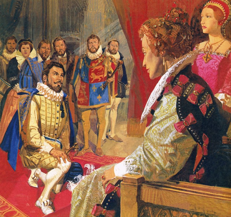 Sir Walter Raleigh před královnou Alžbětou od English School
