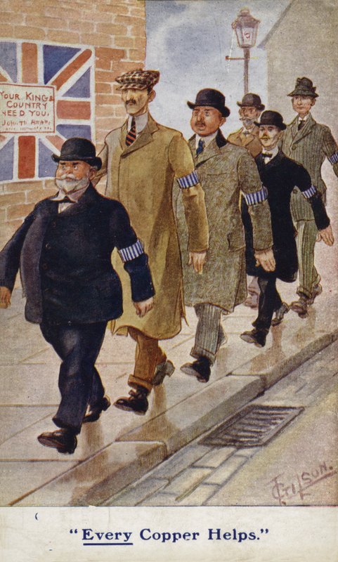 Zvláštní strážníci na propagandistické pohlednici WW1 od English School