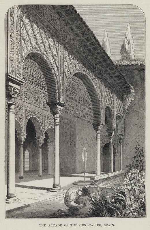 Arcade of the Generalife, Španělsko (rytina) od English School