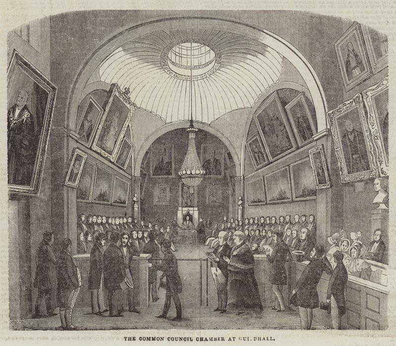 Společná síň rady v Guildhall (rytina) od English School
