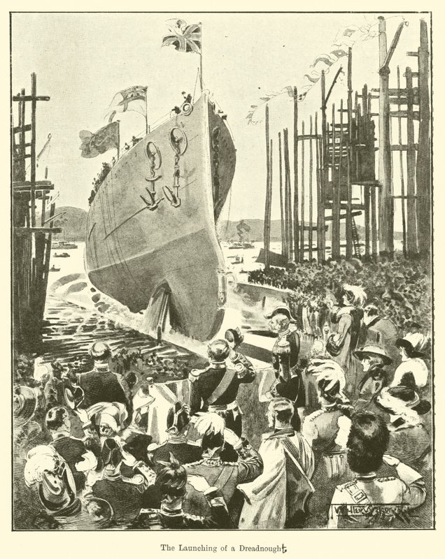 The Launching of a Dreadnought (rytina) od English School