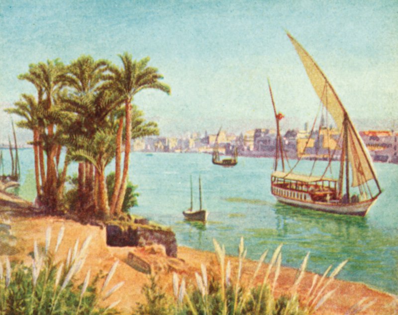 Nil, pohled na Káhiru (barevná litografie) od English School