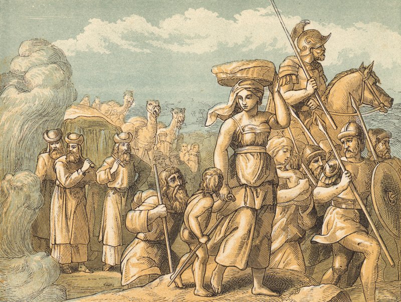 Průchod přes Jordán (barevná rytina) od English School