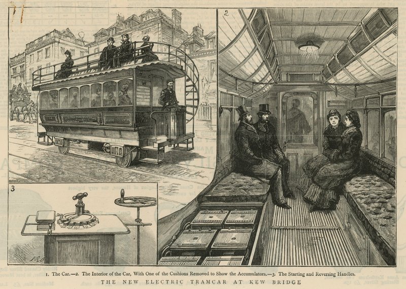 Nová elektrická tramvaj na mostě Kew Bridge od English School