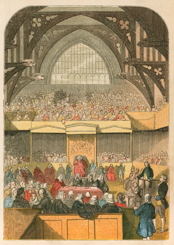 Soud s Warrenem Hastingsem ve Westminster Hall od English School