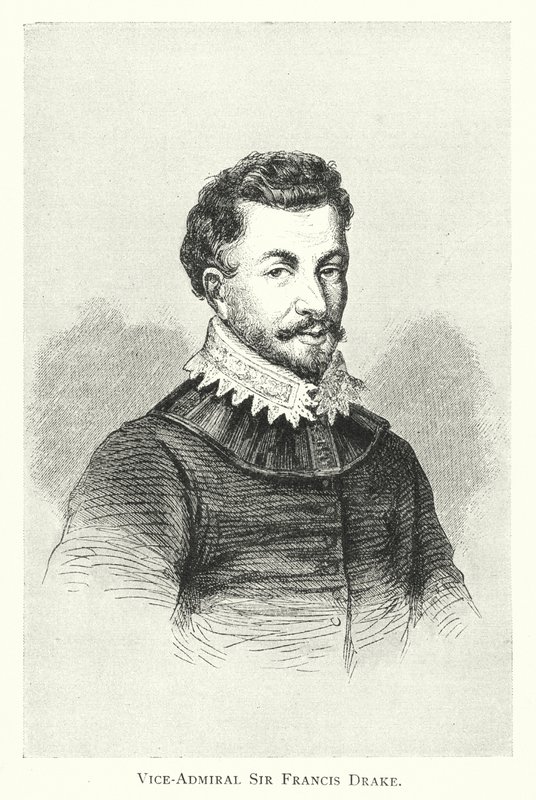 Viceadmirál Sir Francis Drake (rytina) od English School
