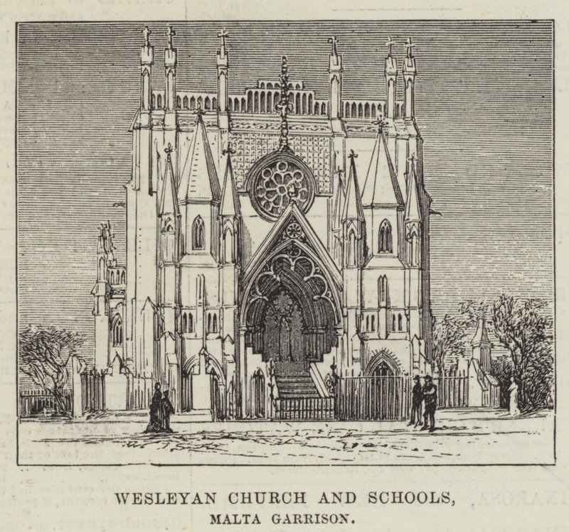 Wesleyan Church and Schools, Malta Garrison (rytina) od English School