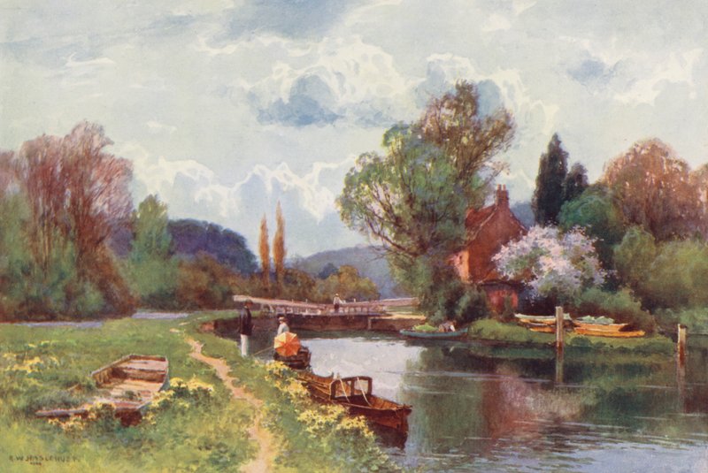 Řeka Temže: Hurley Lock (barevná litografie) od Ernest William Haslehust