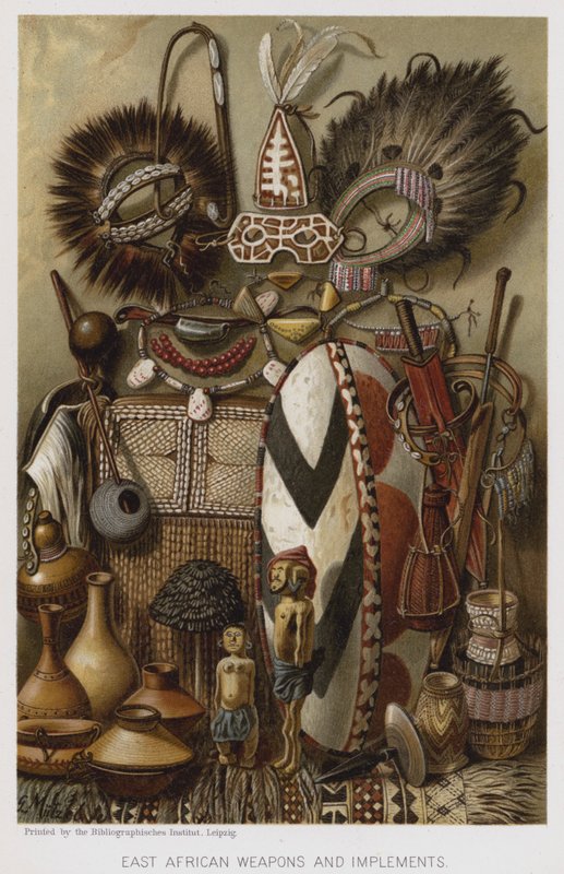 Východoafrické zbraně a nářadí (chromolitho) od European School