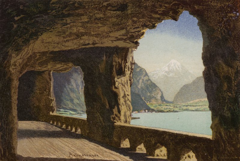 Lucernské jezero: Axenstrasse (barevná litografie) od European School