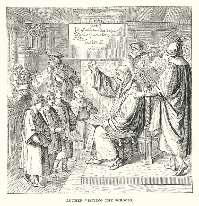 Luther na návštěvě škol (rytina) od European School