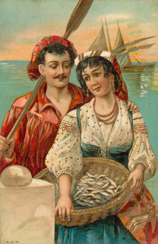 Středomořský rybář a žena (barevná litografie) od European School