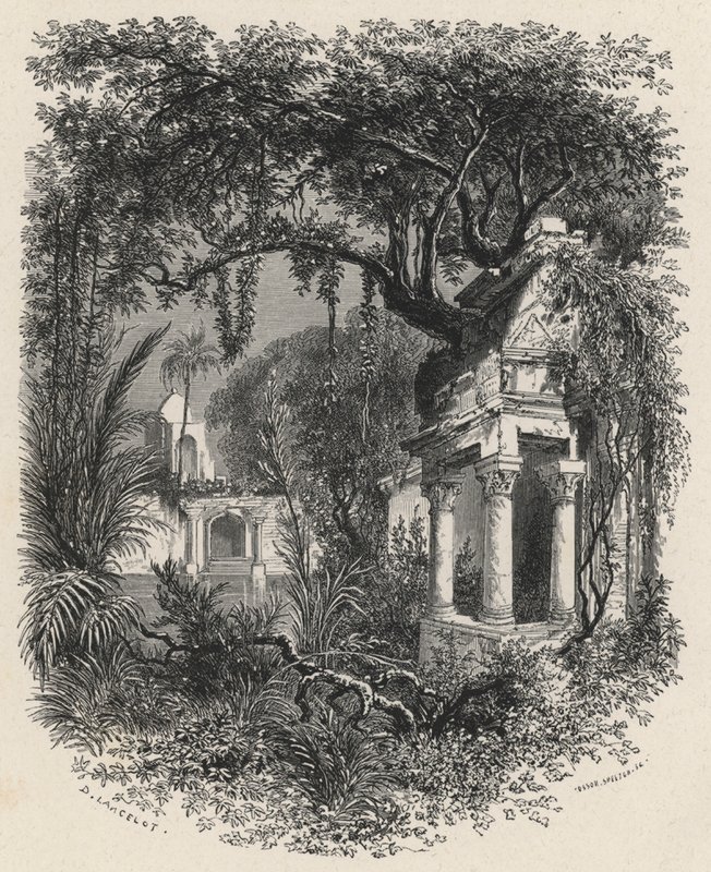 Ruiny zahrad Great Mogul Gardens (rytina) od European School