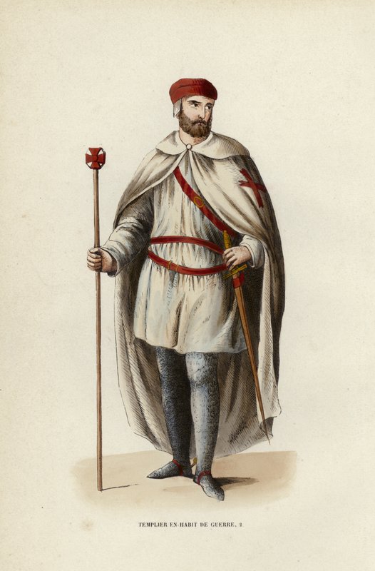 Templáři ve válečných šatech (barevná rytina) od European School
