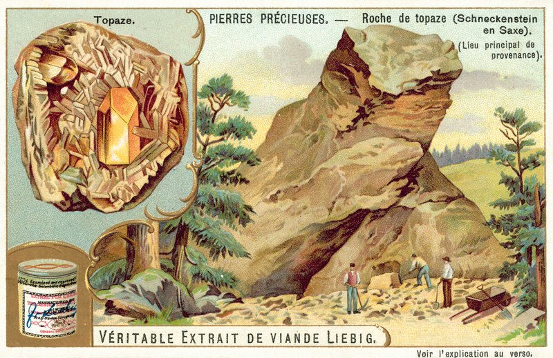 Topazová skála ve Spiral Stone, Sasko (chromolitho) od European School