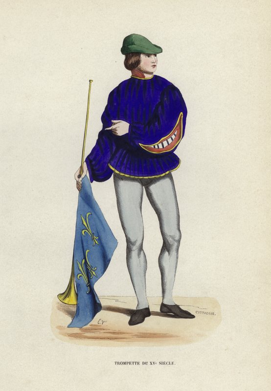 Trumpeta z 15. století (barevná rytina) od European School