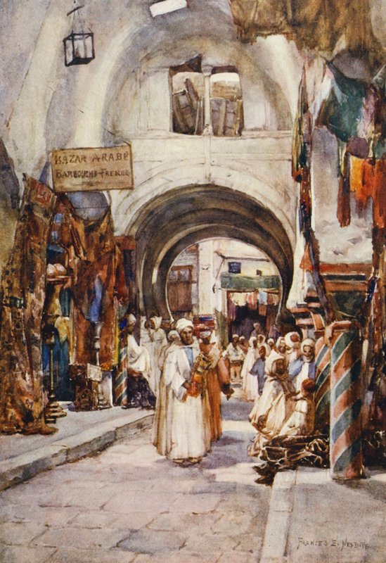 Souk des Etoffes, Tunis (barevná litografie) od Frances Nesbitt