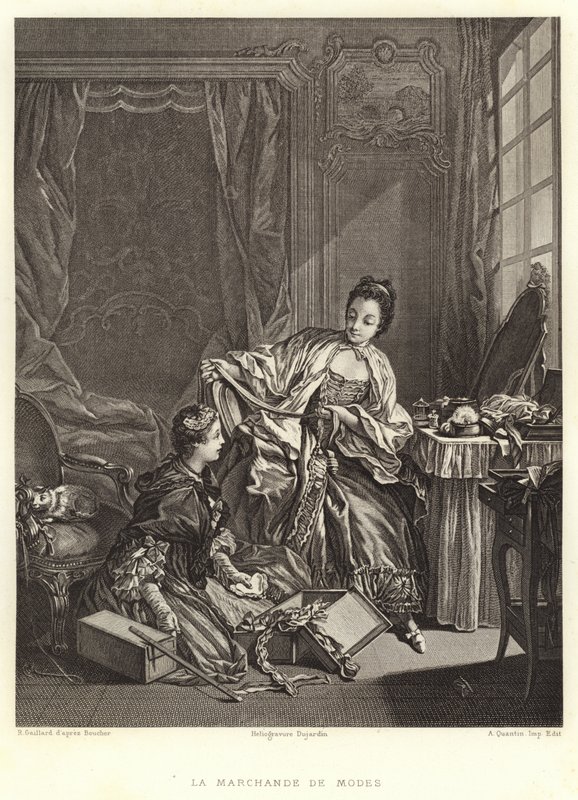 La Marchande de Modes (rytina) od Francois (after) Boucher