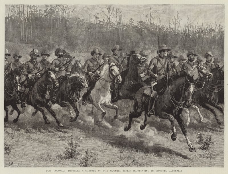 Our Colonial Defences, Company of the Mounted Rifles manévrující ve Victorii v Austrálii od Frank Dadd