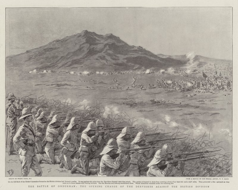 Bitva u Omdurmánu, úvodní útok dervišů proti britské divizi od Frank Dadd