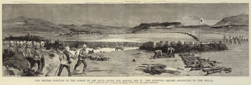 Britská pozice v soutěsce Abu Klea po bitvě, 17. ledna, Fighting Square postupuje k Wells od Frederic Villiers