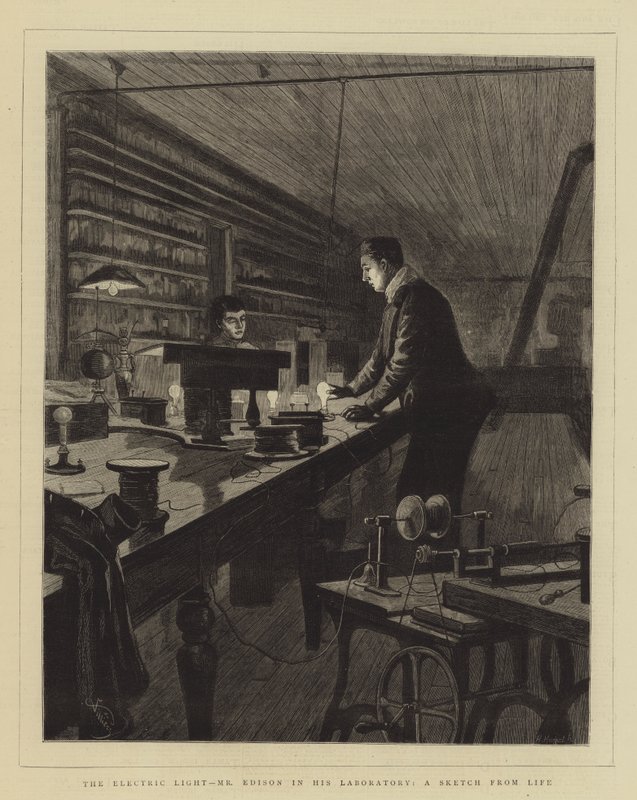 Elektrické světlo, pan Edison ve své laboratoři, skica ze života od Frederic Villiers