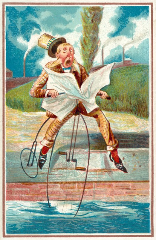 Muž na koni penny farthing do kanálu od French School