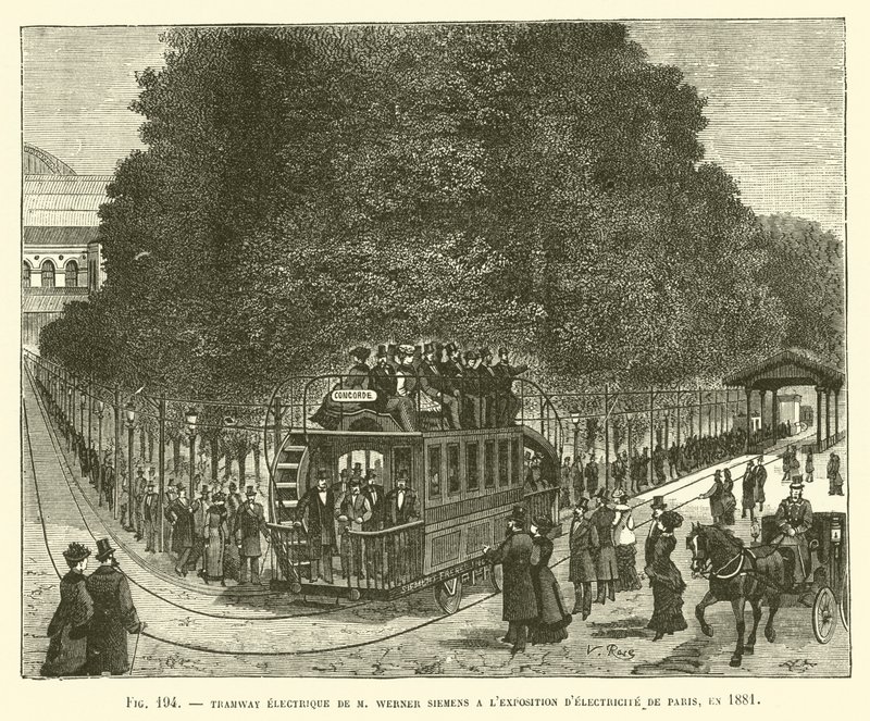 Elektrická tramvaj od M Wernera Siemense na výstavě elektřiny v Paříži v roce 1881 od French School