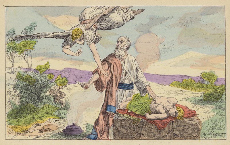 Abrahamova oběť Izáka (barva litho) od French School