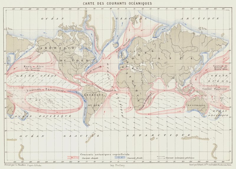 Mapa oceánských proudů (barva litho) od French School