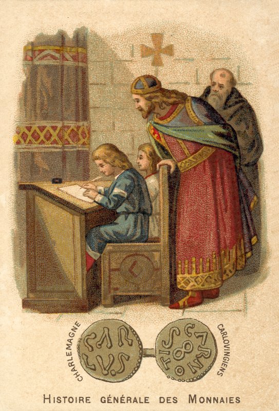 Karel Veliký sleduje děti píšící ve škole (chromolitho) od French School