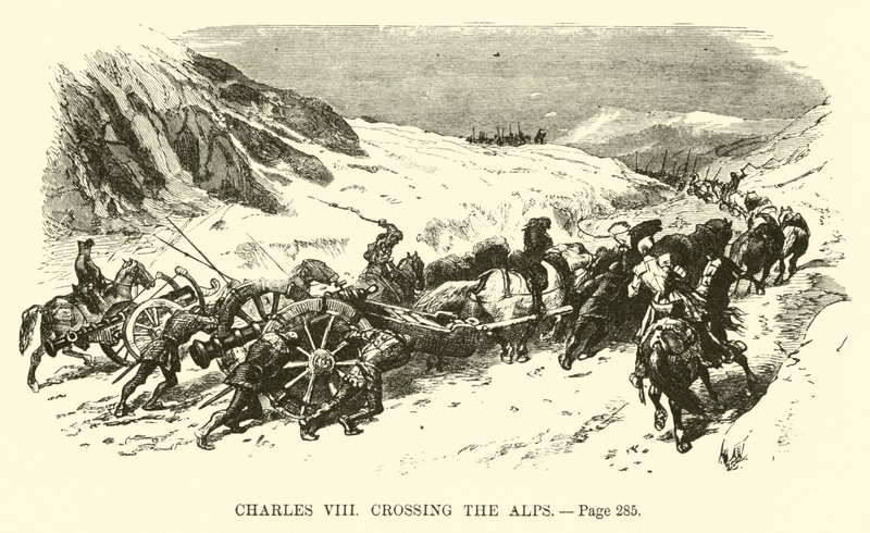 Karel VIII překračující Alpy od French School