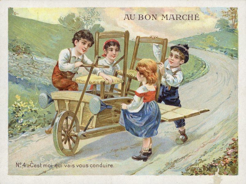 Děti převádějící trakař na vozidlo od French School